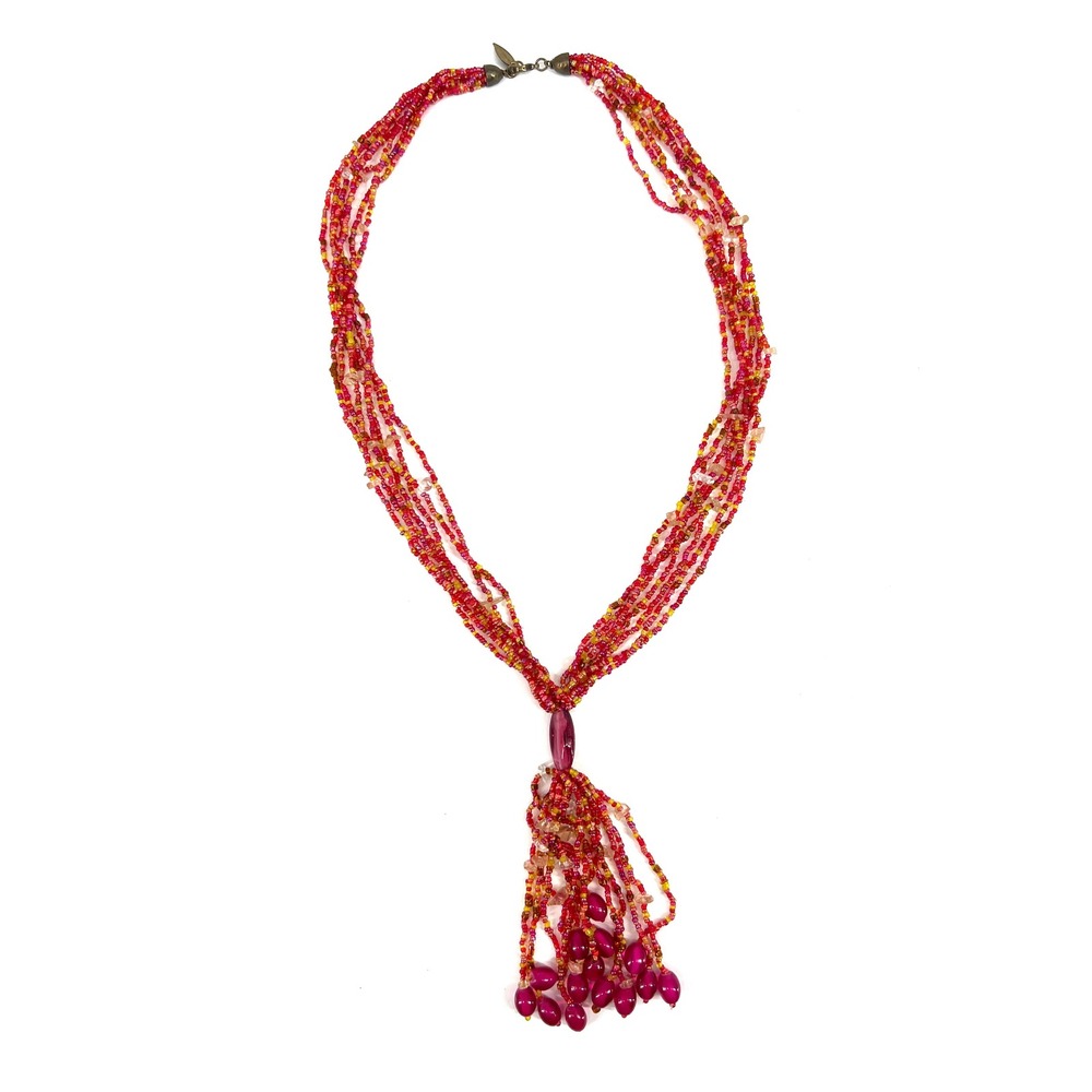 Coldwater Creek Multi Strand Beaded Tassel Necklace Red Pink Orange Boho
